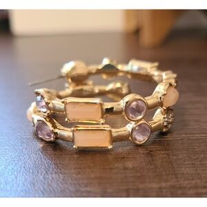 Unbranded Gold Tone w/Multi-Color Stones Hoop Metal Earrings Pre-Owned Chic